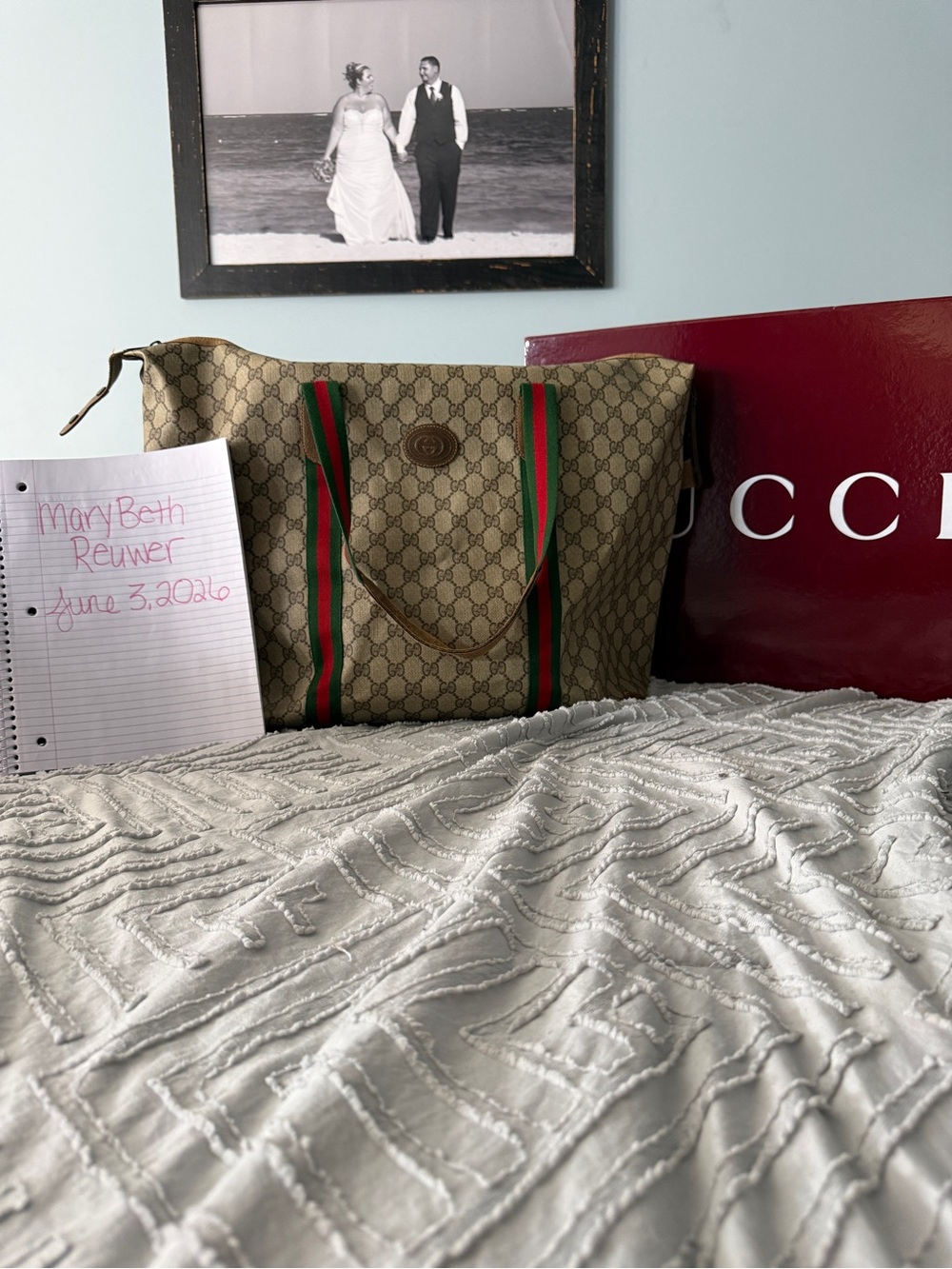 Gucci Beige Monogram Tote with Green and Red Web Stripes